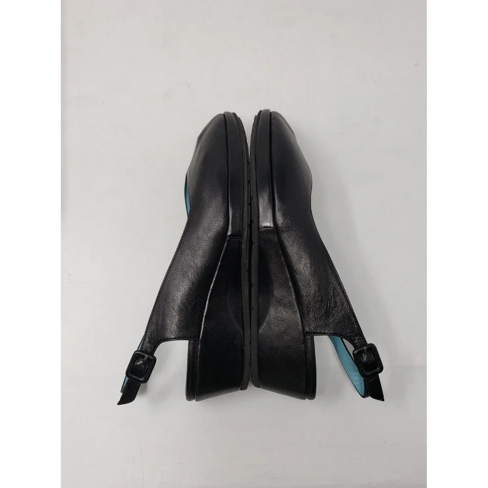 US 7.5 Thierry Rabotin Black Leather Peep Toe Wedge Slingback Sandals Womens EU